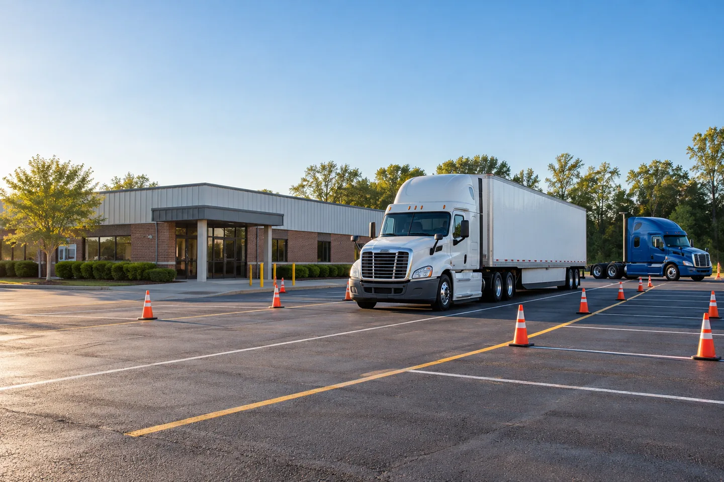 A classroom beside a paved American training yard, with space for truck handling practice